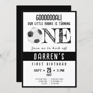 Cute Watercolor Rookie Soccer Black 1st Birthday Invitation