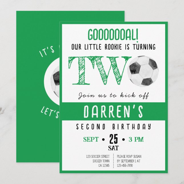 Cute Watercolor Rookie Soccer Green 2nd Birthday Invitation (Front/Back)