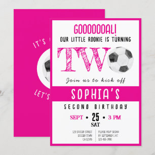 Cute Watercolor Rookie Soccer Pink 2nd Birthday Invitation