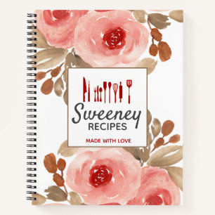 Cute Watercolor Roses Personalised Recipe Notebook