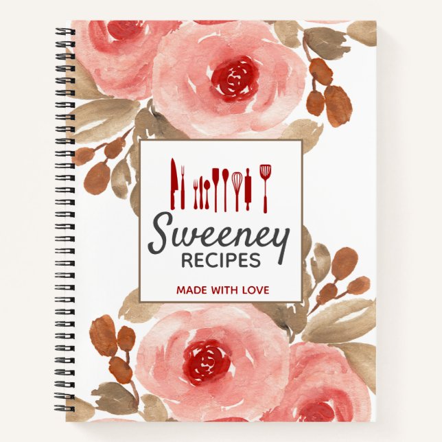 Cute Watercolor Roses Personalised Recipe Notebook (Front)