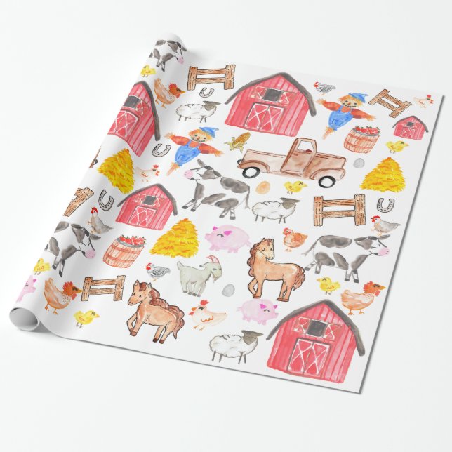 Cute Watercolor Rustic Farm Barnyard Animals Barn Wrapping Paper (Unrolled)