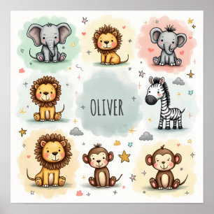 Cute Watercolor Safari Animal Doodles Poster