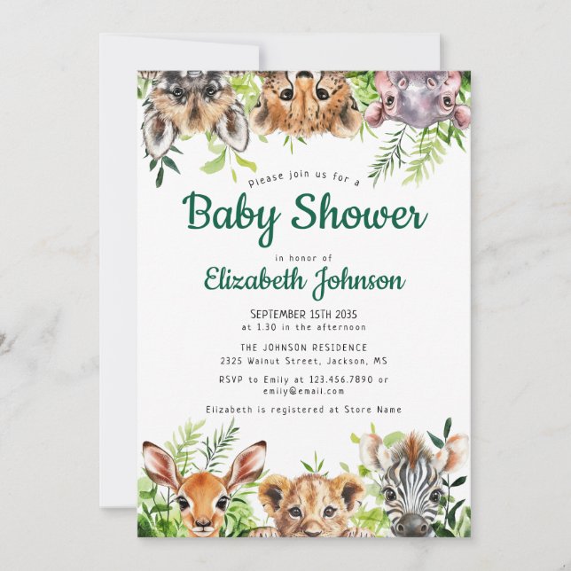 Cute Watercolor Safari Animals Baby Shower Invitation (Front)