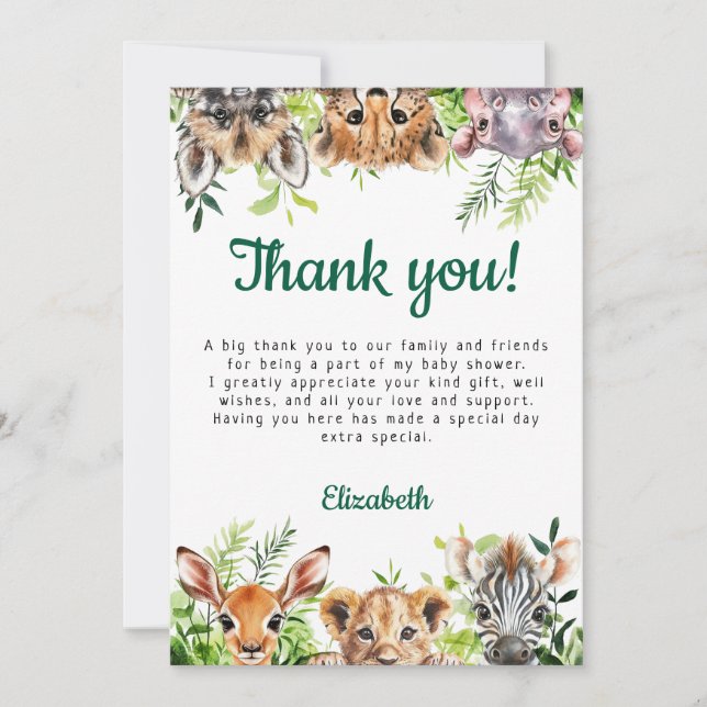 Cute Watercolor Safari Animals Baby Shower Thank You Card (Front)