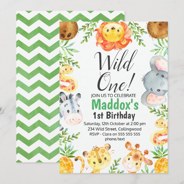 Cute Watercolor Safari Animals Birthday Invitation (Front/Back)