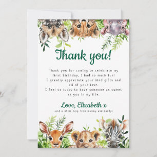 Cute Watercolor Safari Animals Birthday Party Thank You Card