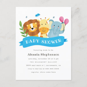 Cute Watercolor Safari Animals Boy Baby Shower Invitation Postcard