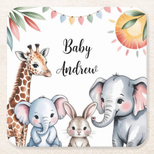 Cute Watercolor Safari Animals Illustration Square Paper Coaster