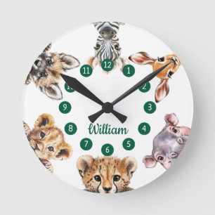Cute Watercolor Safari Animals Nursery Round Clock