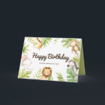 Cute Watercolor Safari Friends Tropical Birthday Card<br><div class="desc">Send your birthday wishes and message with this safari happy birthday card. It features cute watercolor illustrations of a baby giraffe,  monkey,  elephant,  lion and zebra with tropical leaves accent. Personalise by adding your own texts. This tropical birthday card will be perfect for summer and tropical theme birthdays.</div>