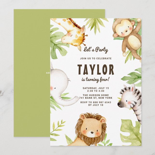 Cute Watercolor Safari Friends Tropical Birthday Invitation (Front/Back)