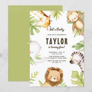 Cute Watercolor Safari Friends Tropical Birthday Invitation