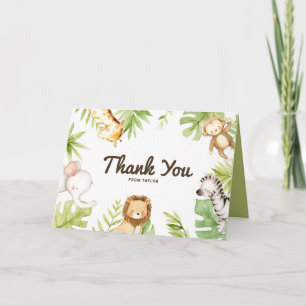 Cute Watercolor Safari Friends Tropical Birthday Thank You Card