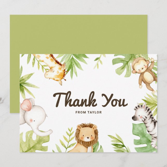 Cute Watercolor Safari Friends Tropical Birthday Thank You Card (Front/Back)