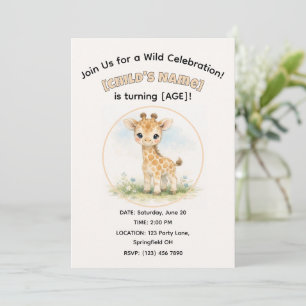Cute Watercolor Safari Giraffe Kid's Birthday Invitation