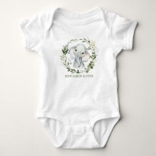 Cute Watercolor Safari Greenery Elephant Monogram Baby Bodysuit