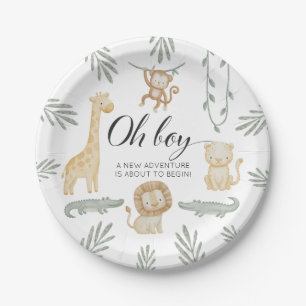 Cute Watercolor Safari Jungle Oh Boy Baby Shower Paper Plate