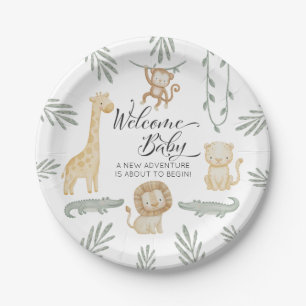 Cute Watercolor Safari Jungle Welcome Baby Shower Paper Plate