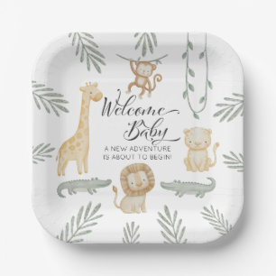 Cute Watercolor Safari Jungle Welcome Baby Shower Paper Plate