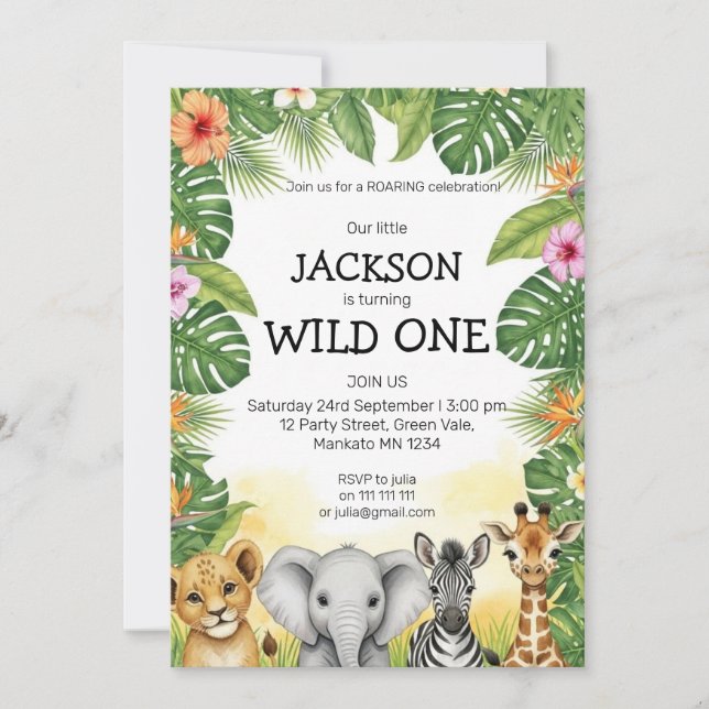 Cute Watercolor Safari Wild One Birthday Invitation (Front)