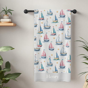 Cute Watercolor Sailboat & Name Kids Bath Towel