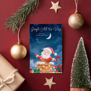 Cute Watercolor Santa and Moon Christmas Holiday Card