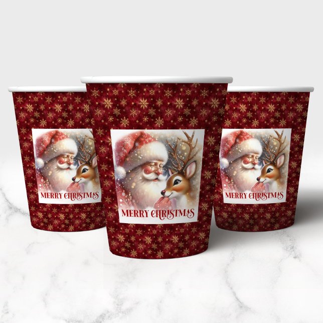 Cute Watercolor Santa and Rudolph Christmas Party  Paper Cups (Cute Watercolor Santa and Rudolph Christmas Party Cups)