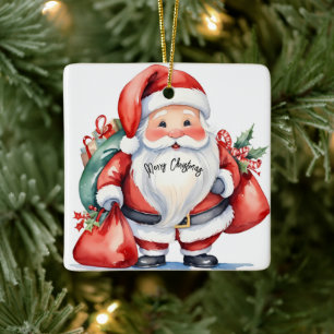 Cute watercolor Santa Claus with red present bags Ceramic Ornament