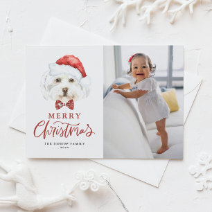 Cute Watercolor Santa Maltese Dog Photo Christmas Holiday Postcard