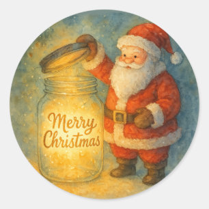 Cute Watercolor Santa Merry Christmas Glowing Jar  Classic Round Sticker