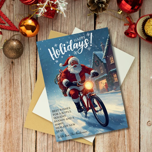 Cute Watercolor Santa on Bicycle Christmas  Holiday Card (Creator Uploaded)