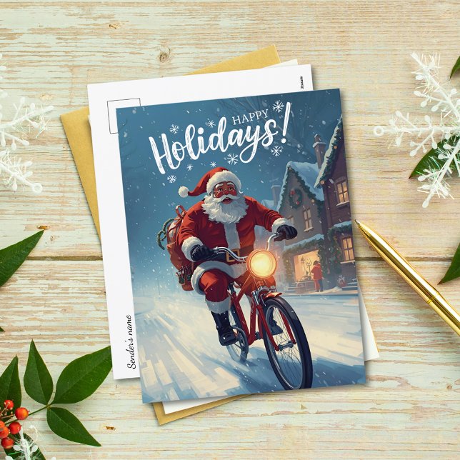 Cute Watercolor Santa on Bicycle Christmas  Holiday Postcard (Creator Uploaded)