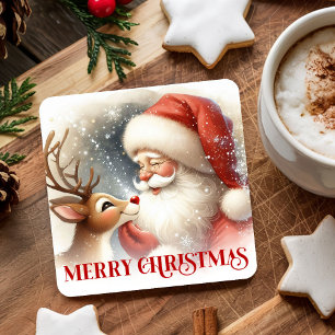 Cute Watercolor Santa Rudolph Christmas Coasters