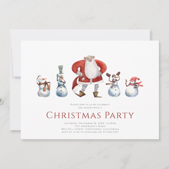 Cute watercolor santa snowmen christmas card (Front)