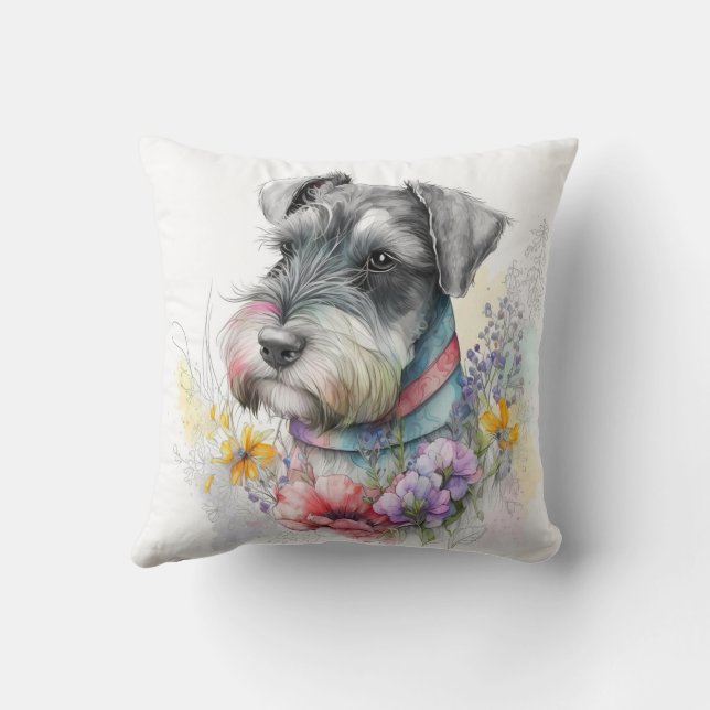Cute Watercolor Schnauzer Puppy Dog Cushion (Back)