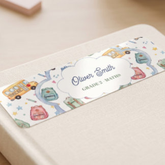 Cute Watercolor School Bus Custom Name Stickers