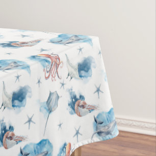 Cute Watercolor Sea Animals Tablecloth