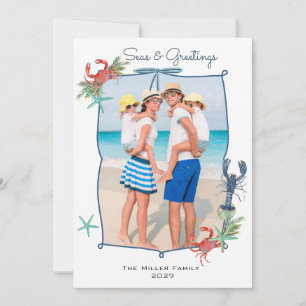 Cute Watercolor Sea creatures Christmas Photo Holiday Card