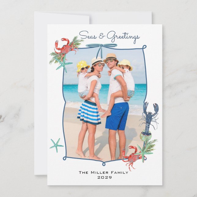 Cute Watercolor Sea creatures Christmas Photo Holiday Card (Front)