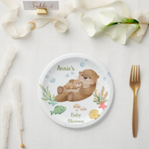 Cute Watercolor Sea Otter Mother & Baby Paper Plate