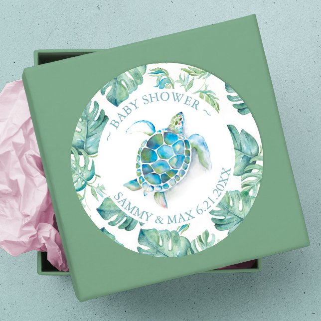 Cute Watercolor Sea Turtle & Greenery Favour Classic Round Sticker (thank you sticker sea turtle baby shower)