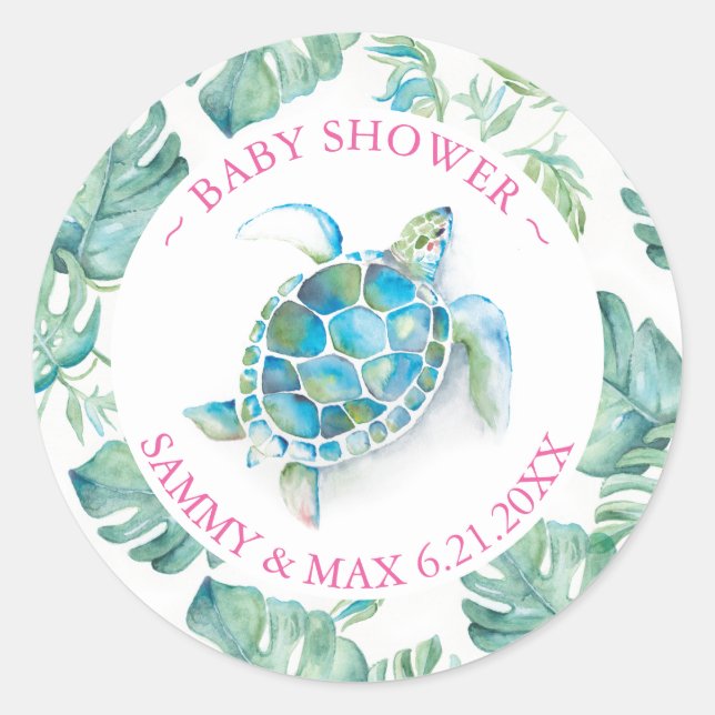 Cute Watercolor Sea Turtle & Greenery Favour Classic Round Sticker (Front)