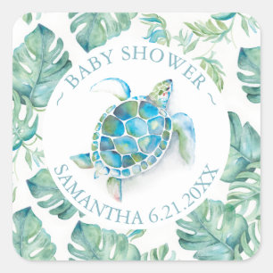 Cute Watercolor Sea Turtle & Greenery Favour Square Sticker