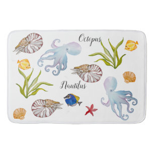 Cute watercolor seabed inhabitants bath mat