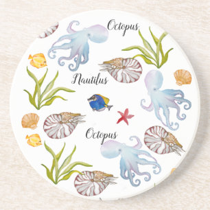 Cute watercolor seabed inhabitants coaster