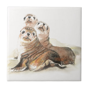 Cute Watercolor Seals Animal Tile