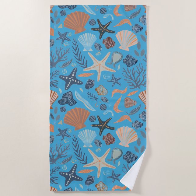 Cute Watercolor Seashell Blue Beach Towel (Front)