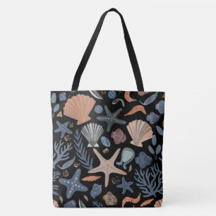 Cute Watercolor Seashell Coral Black Tote Bag