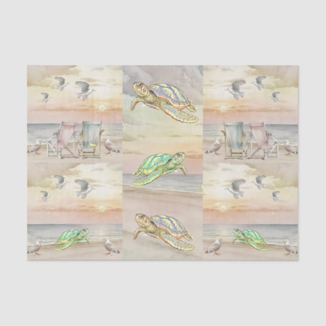 Cute Watercolor Seaside Seagulls & Sea Turtles Tissue Paper (Front)
